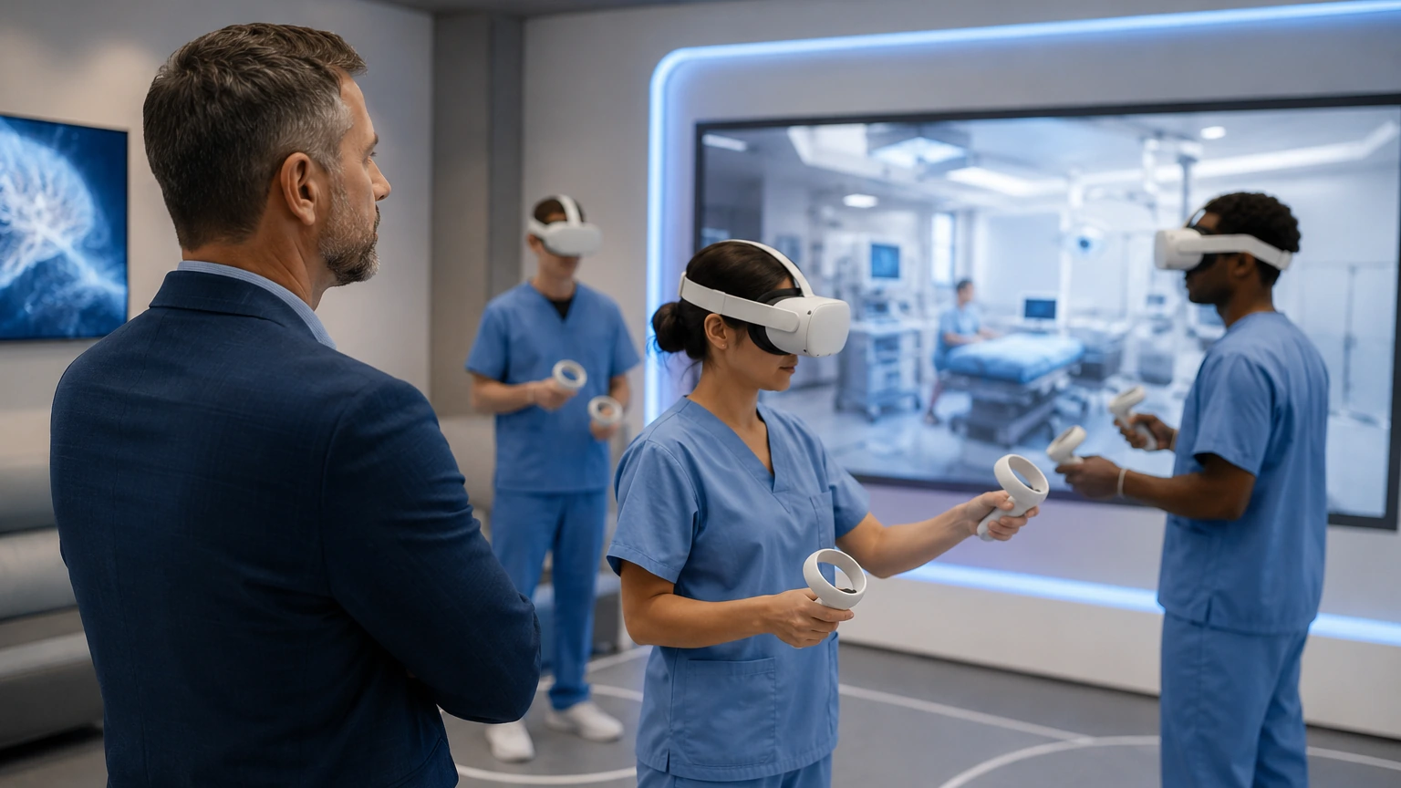A simulation-center director watches residents rehearse orientation steps in a spacious VR briefing zone lit by cool blue and violet anatomy overlays