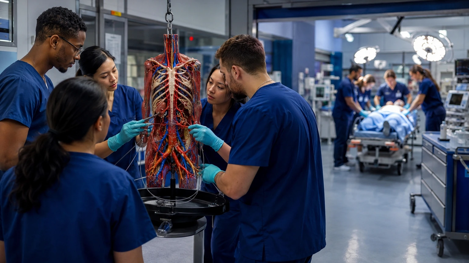 A resident team completes a pre-brief anatomy reset around a suspended vascular model before stepping into a high-fidelity trauma simulation bay