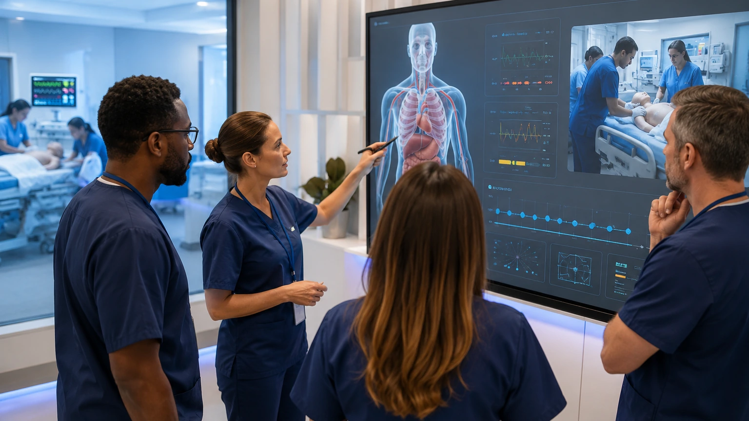 A simulation faculty team reviews a debrief board connecting pre-brief anatomy refresh to cleaner scenario execution in a modern training center