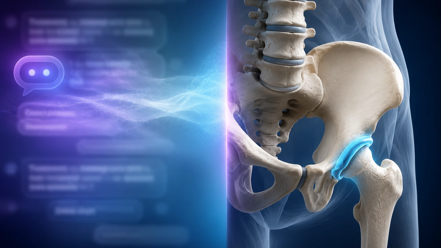 A blurred generic chat layer fades beside a precise 3D anatomy region anchored to one highlighted structure.