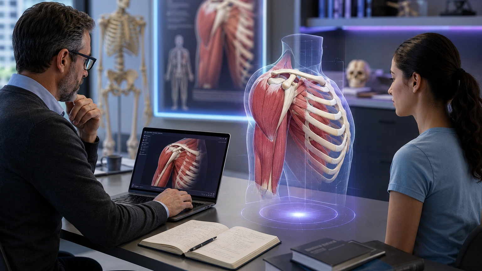 A faculty member reviews anatomy content on a laptop while a learner studies the same region in a floating 3D model nearby.