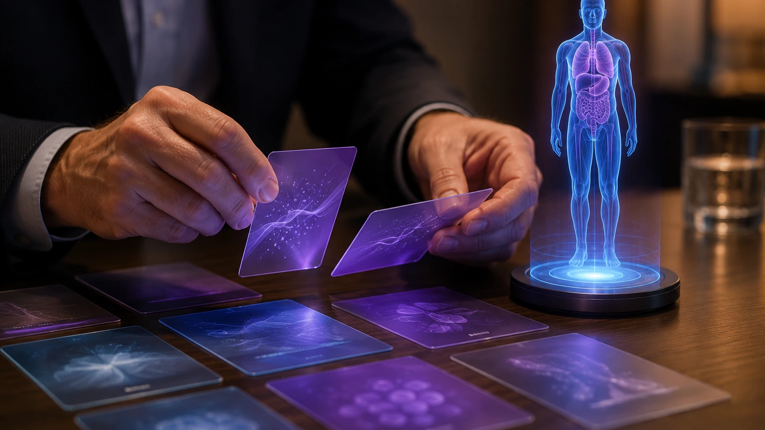 Hands sort three transparent evaluation cards beside a small anatomy projection during an investment shortlist review.