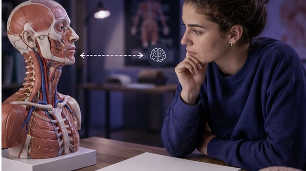 A student studies one anatomy region beside a blank recall sketchpad and faded note markers that suggest the tension between recognition and retrieval.