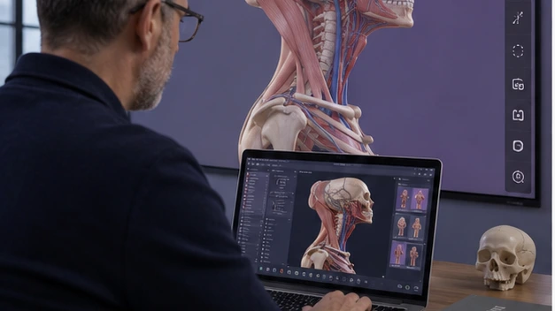 A professor adjusts an anatomy explanation on a laptop while the matching 3D region appears on a nearby display.