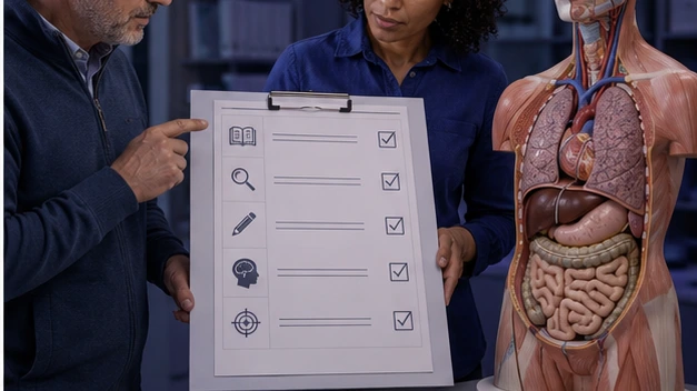 Two anatomy educators review a course-design checklist beside a segmented anatomy model and lab materials.
