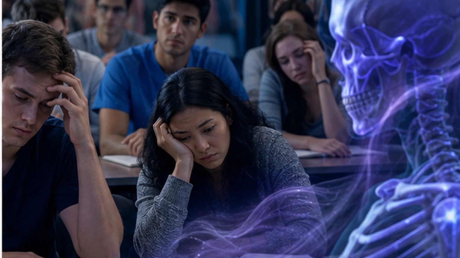 A premium faculty-scene visual shows an anatomy educator noticing that overly smooth AI explanations are weakening student orientation habits.