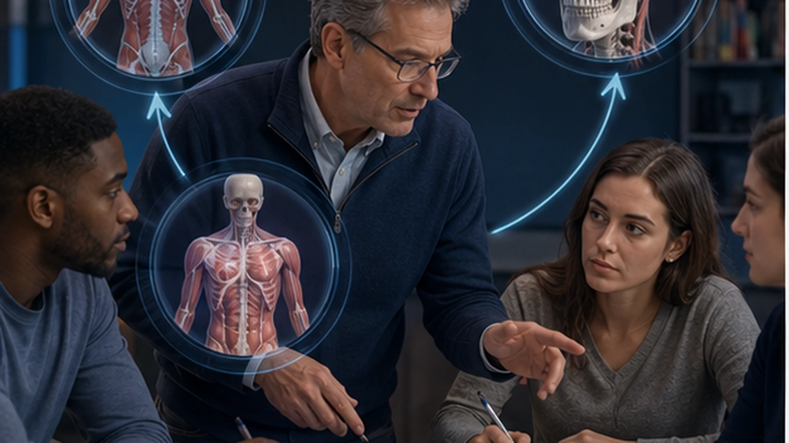 A bounded anatomy-feedback workflow scene shows students attempting orientation first, then using AI feedback to classify a specific weakness.