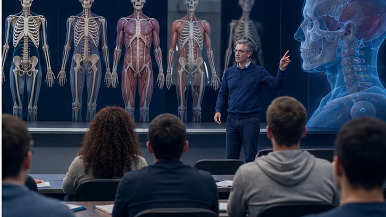 A final faculty decision scene shows a professor aligning AI-supported anatomy practice with lecture sequence and spatial reasoning goals.