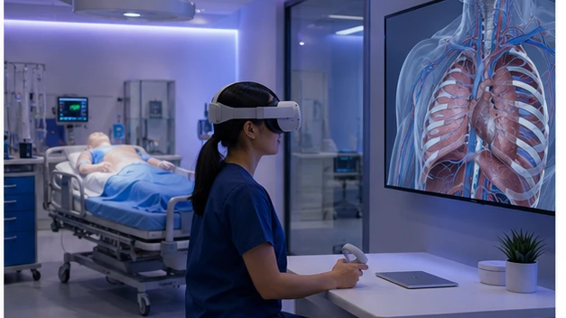 A structured simulation room shows organized equipment while a learner completes a calm anatomy orientation moment before the main scenario.