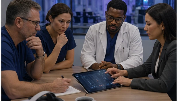 A small partner team reviews one scenario's outcomes at a table while a VR headset rests nearby after a pilot session.