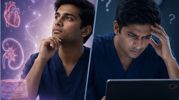A study scene contrasts an easy explanation glow with a harder timed-question moment and visible uncertainty.