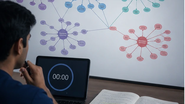 A candidate moves from a timed practice block to a clean weakness map made of colored topic clusters.