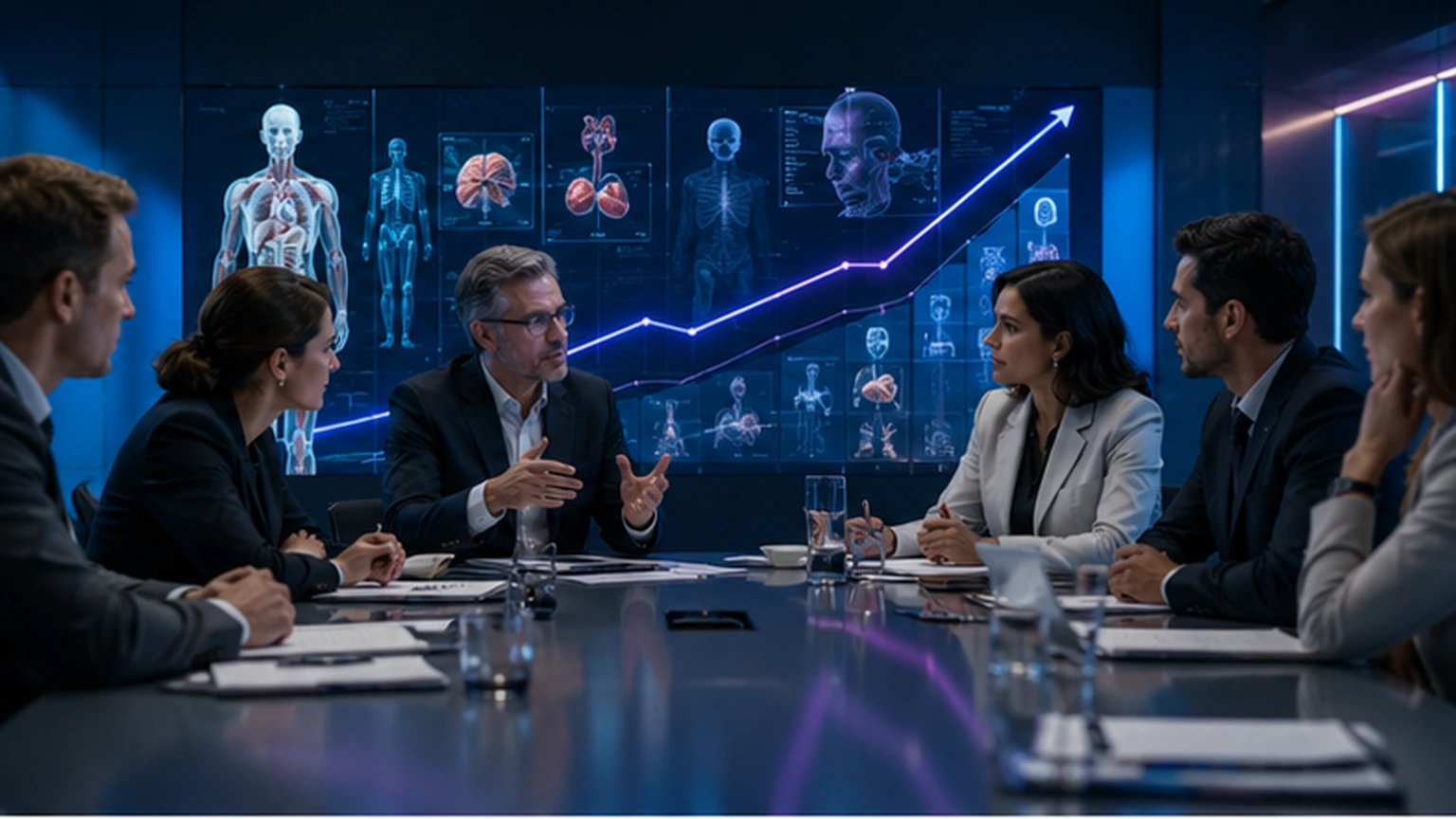 A premium investor-strategy scene shows medical education leaders reviewing governed AI training signals with anatomy visuals nearby.