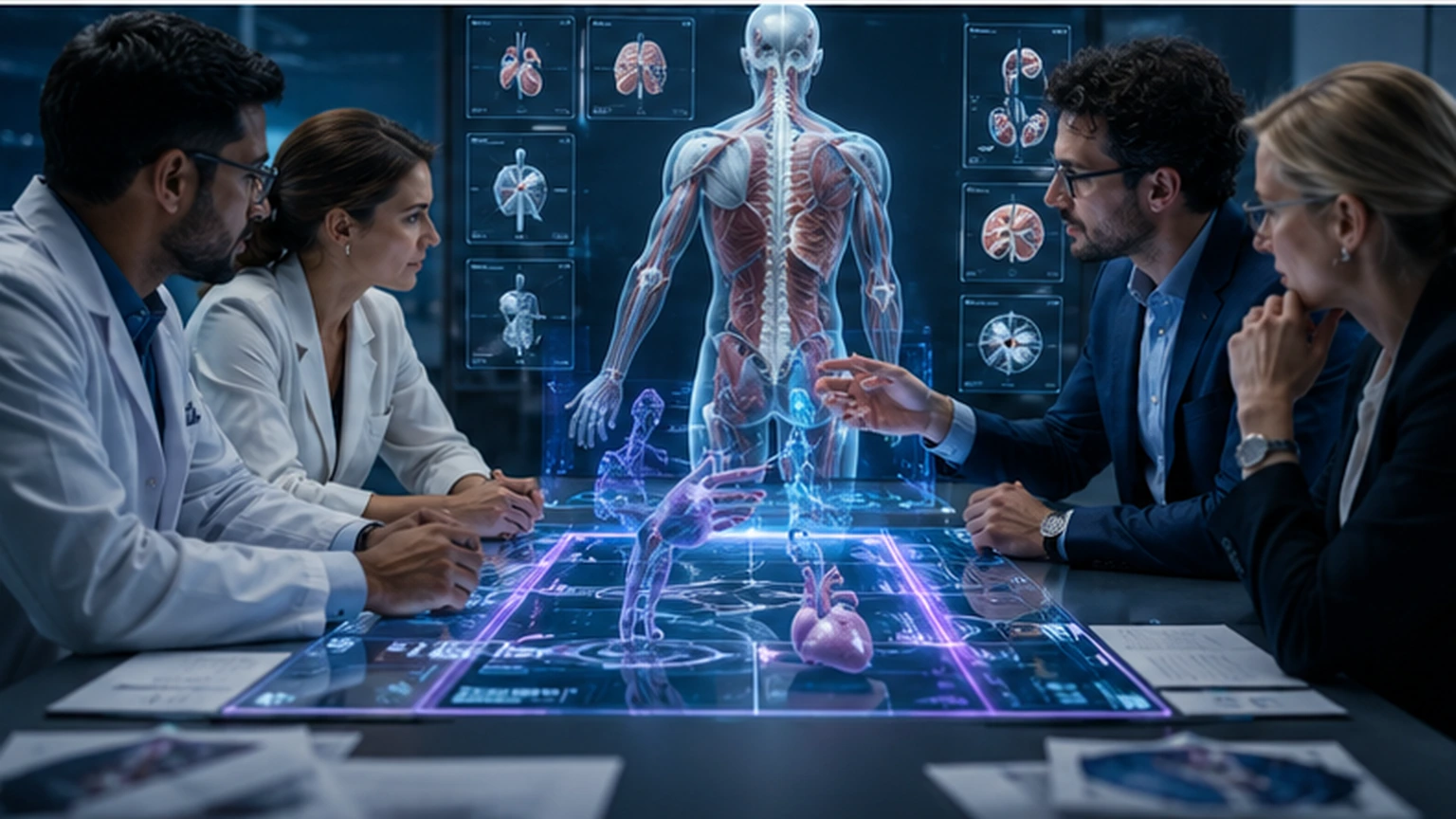 A controlled anatomy-learning workflow scene shows investors looking at how feedback stays tied to a specific educational task.