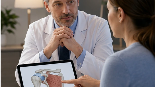 A doctor listens while a patient gestures to one simplified anatomy image during a teach-back moment.