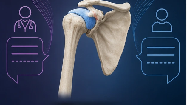 One anatomy view sits between two soft language layers that suggest a shift from clinician-facing to patient-facing explanation.