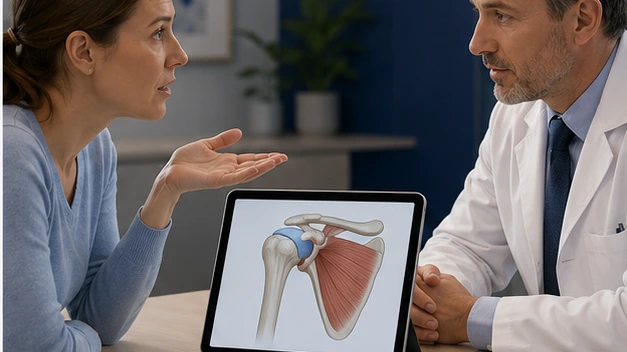 A patient leans forward to ask a thoughtful question while the anatomy visual remains open between patient and doctor.