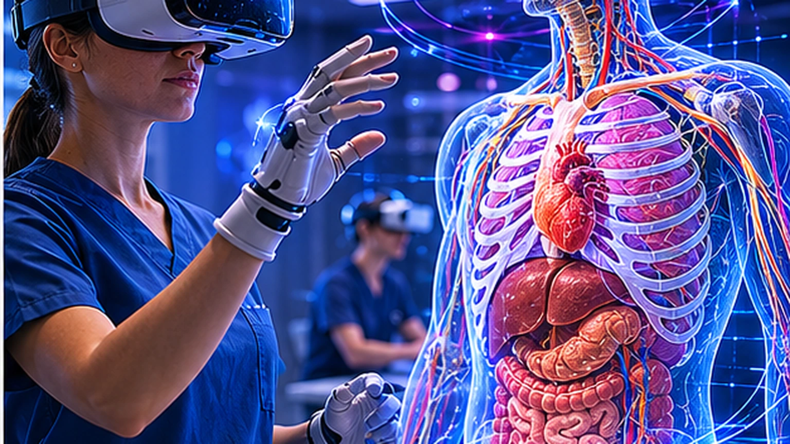 A premium simulation-center strategy scene shows leaders deciding whether VR anatomy will become a real workflow or remain a standout demo.
