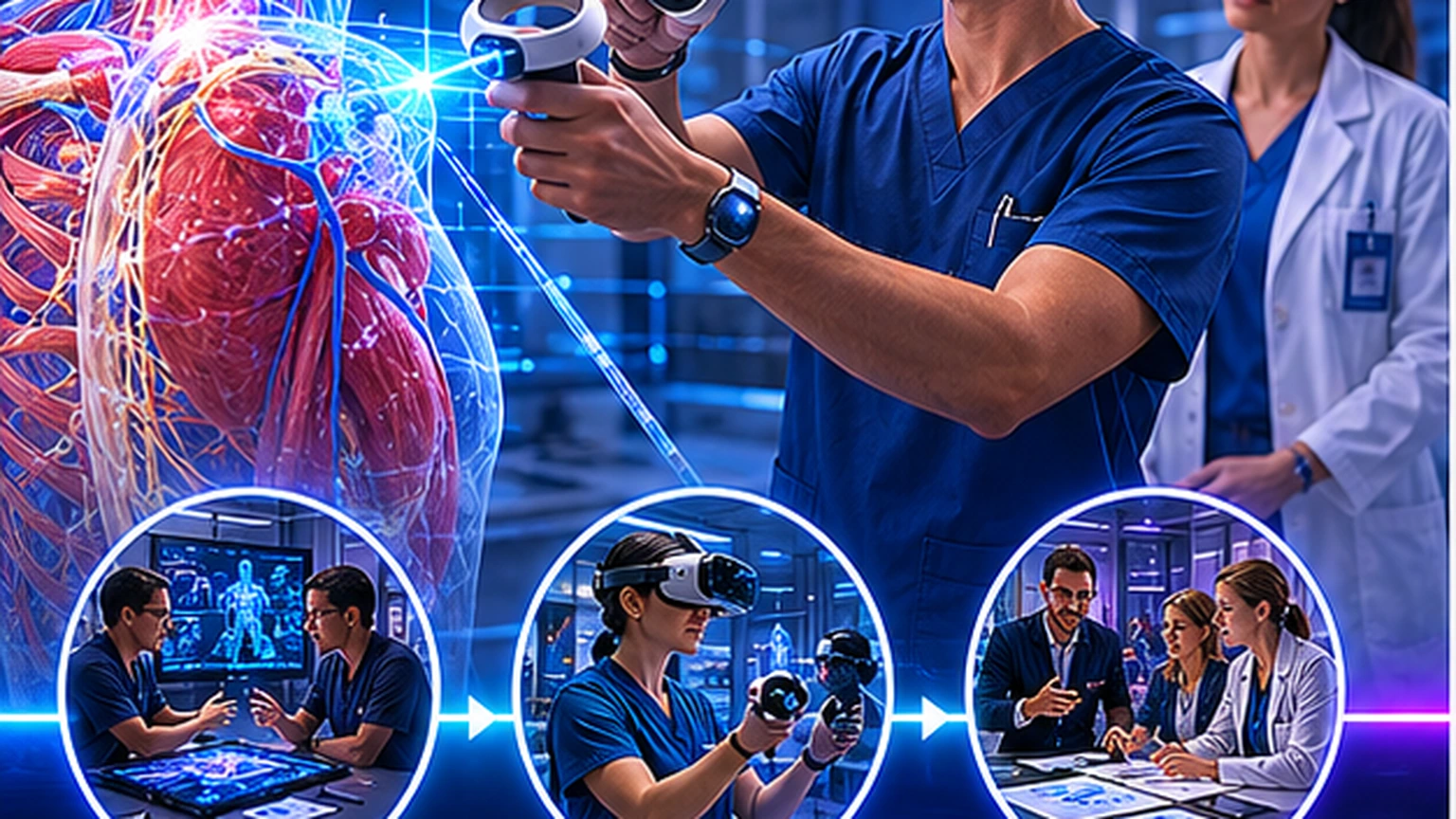 A workflow scene shows VR anatomy being placed between pre-brief and scenario rehearsal instead of standing alone as a tech showcase.