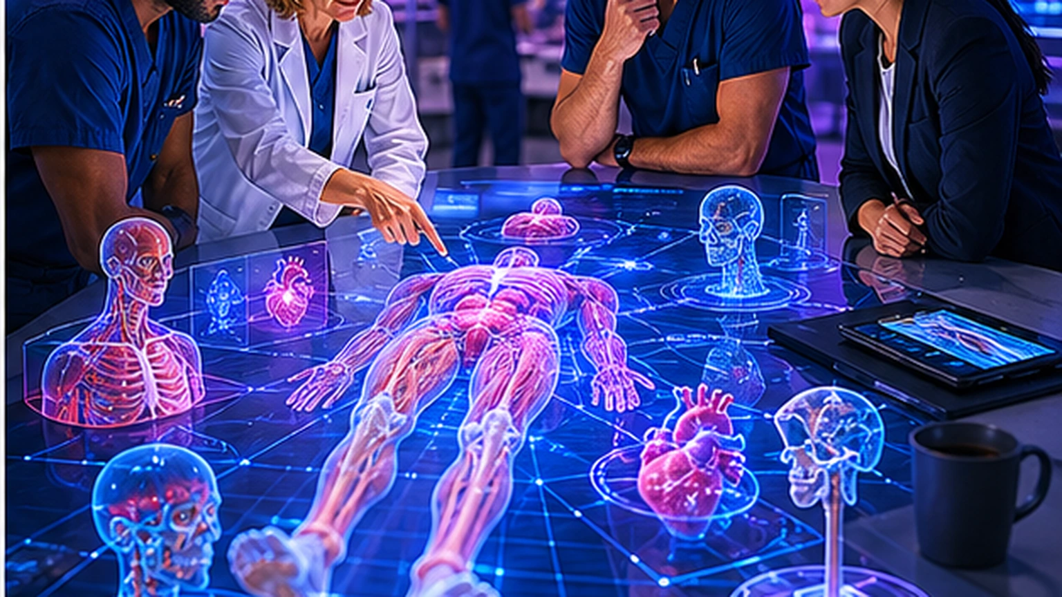 A final partner decision scene shows a simulation team mapping immersive anatomy into a repeatable training pathway with clear faculty ownership.