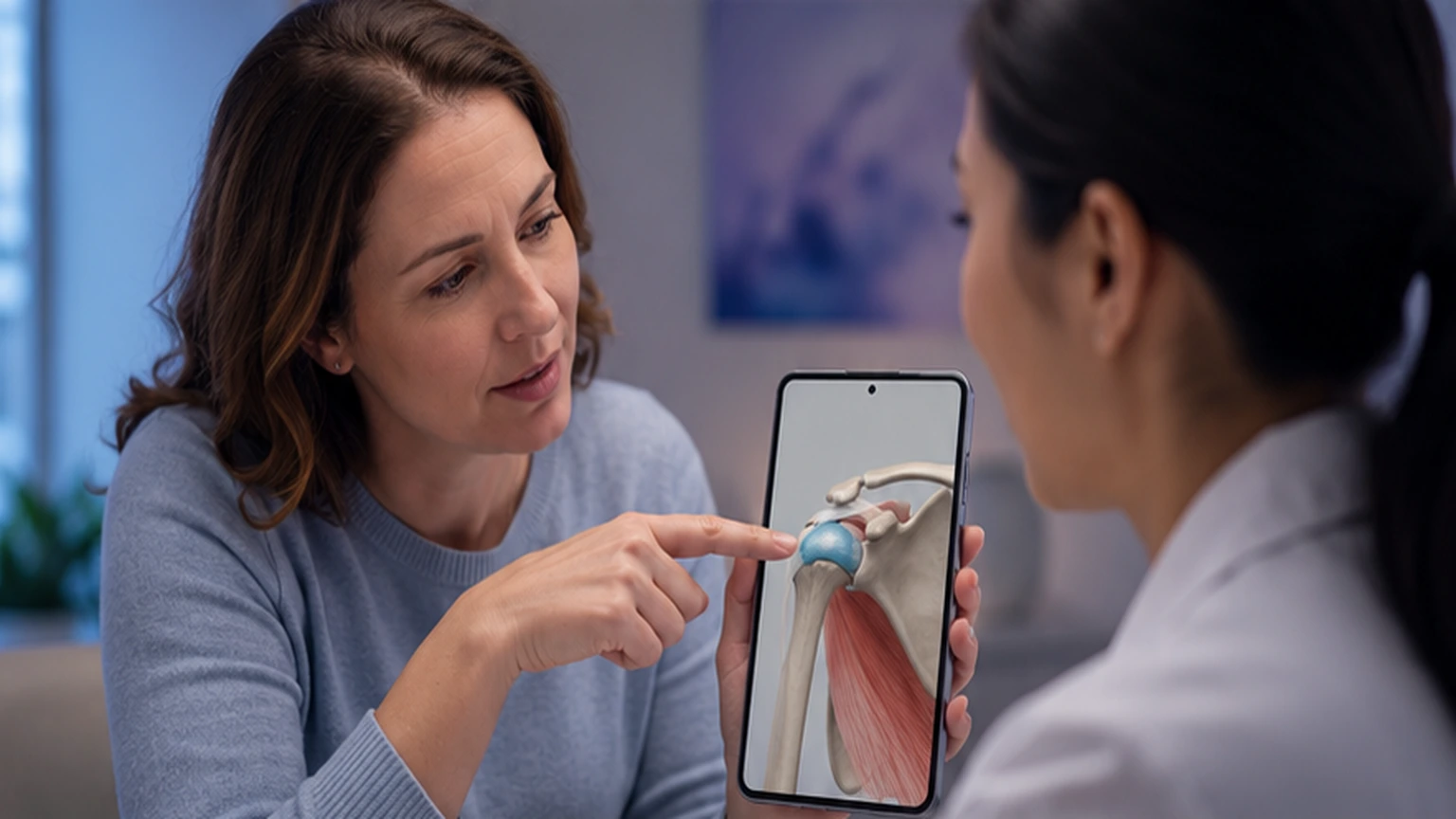 A premium MeduTechs-style workflow scene shows focused anatomy guidance inside a real educational or clinical setting