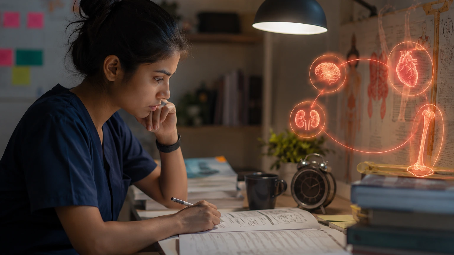 An IMG candidate reviews a timed question set while red-marked weak topics pulse beside a focused anatomy and physiology dashboard in a quiet study room