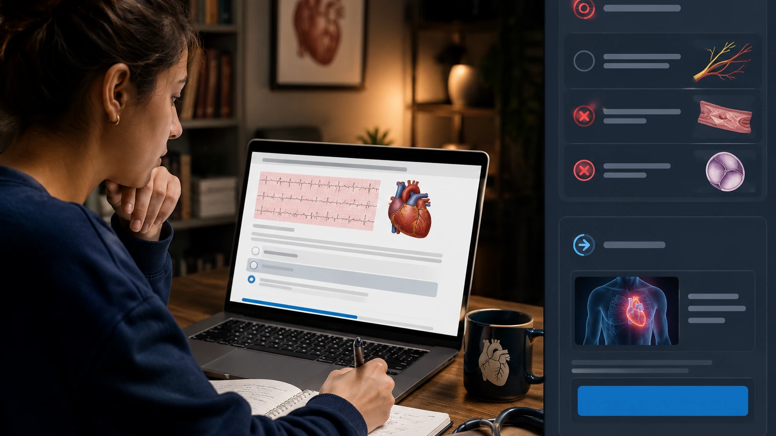 A learner studies one remediated cardiology item while a side panel highlights why two distractors were tempting and what to review next