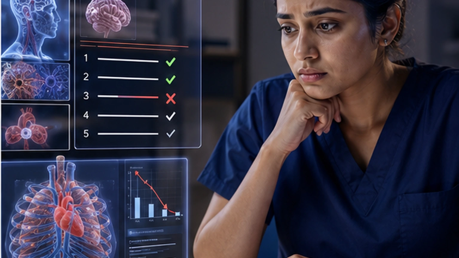 A premium exam-prep scene shows a learner noticing that a perfect-sounding AI explanation still does not match QBank performance.