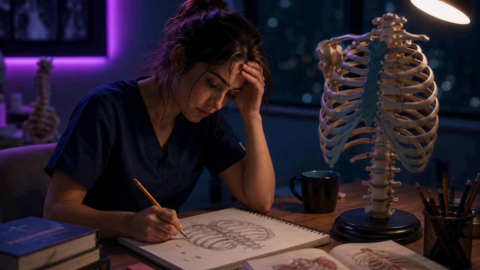 A medical student sketches thoracic structures from memory beside a dimly glowing 3D rib cage model on a desk tablet in a late-evening study session