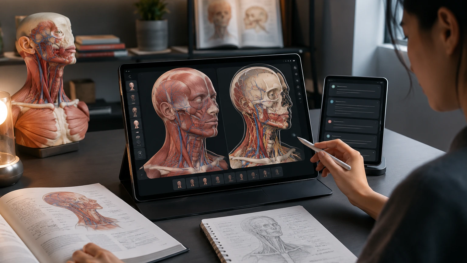 A student toggles superficial and deep neck layers on a 3D model while handwritten retrieval prompts sit open beside the device
