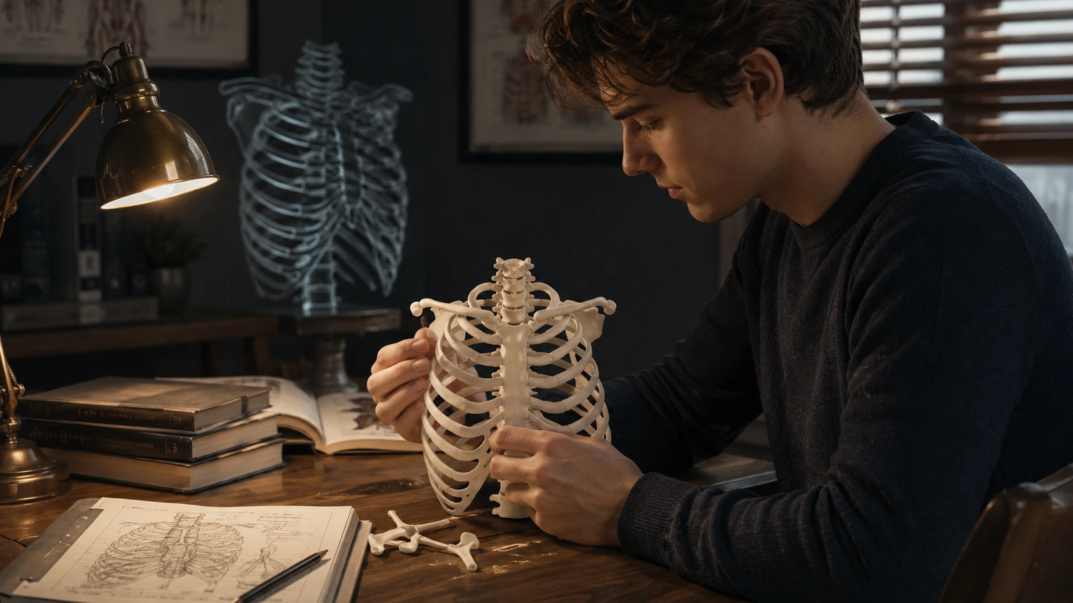 A student closes a revision session by rebuilding an unlabeled thorax from memory while the 3D model is dimmed and only key structures remain visible