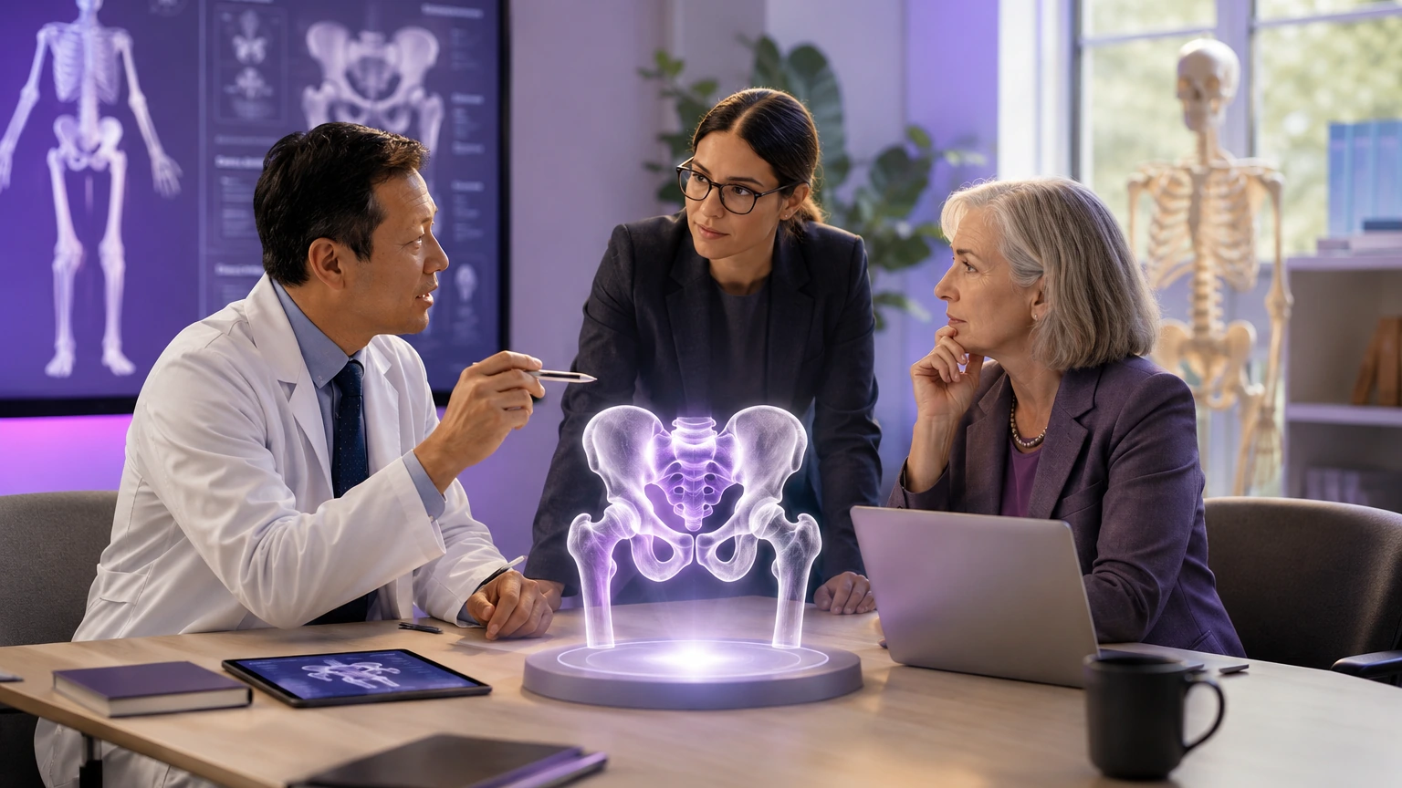 A dean, anatomy chair, and digital-learning lead review a pilot board beside an illuminated 3D pelvis in a bright faculty strategy room