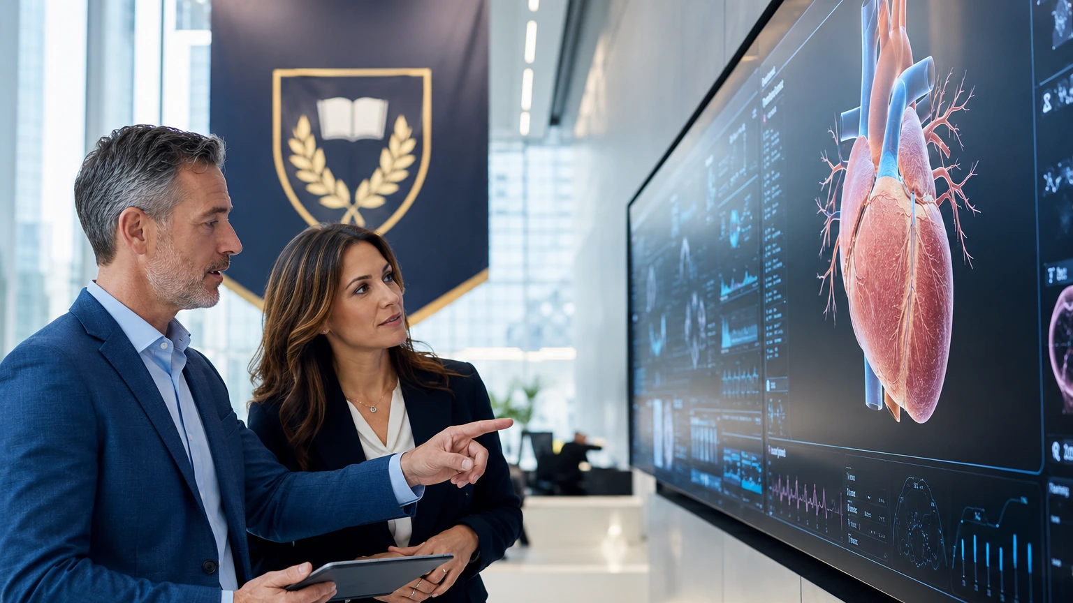 A program manager checks staged onboarding lists on a clean institutional dashboard while student cohorts appear next to an annotated 3D heart model