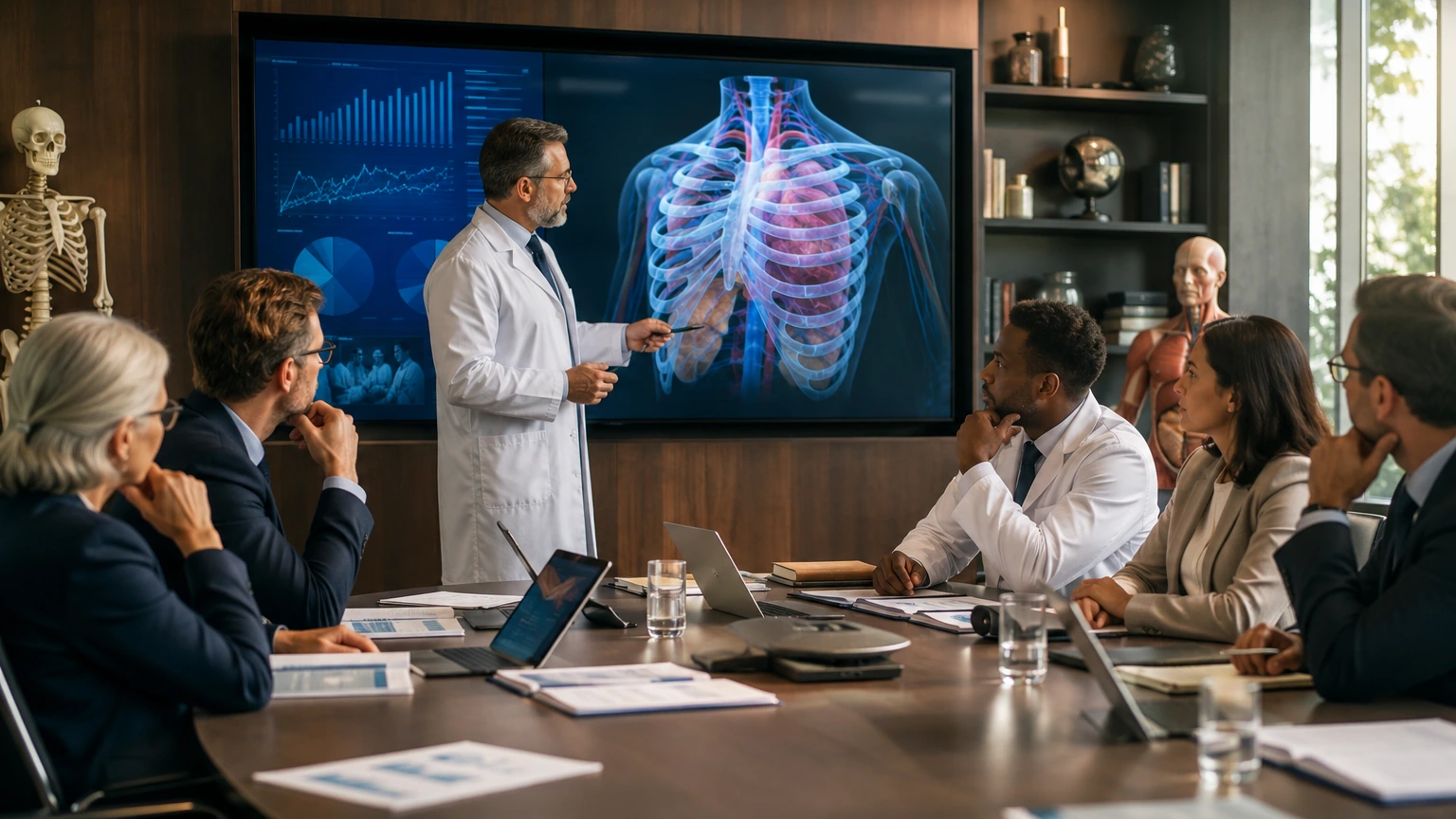 A curriculum committee reviews a clean pilot summary showing faculty approval, onboarding progress, and focused learner feedback beside a 3D thorax visualization