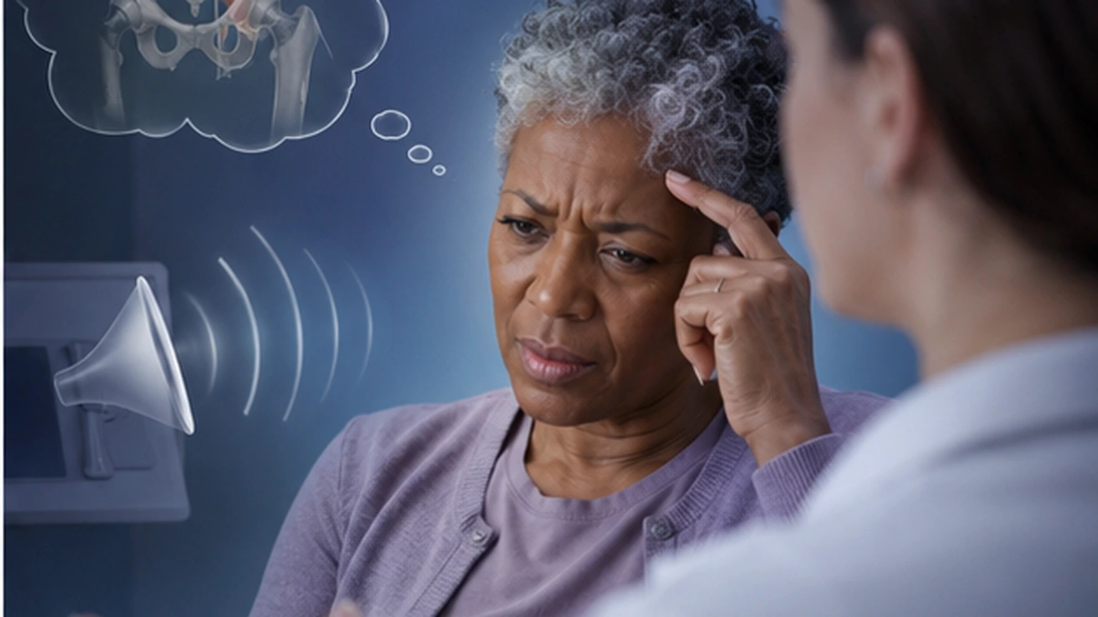 A premium clinic scene shows a patient struggling to picture the anatomy while the clinician realizes verbal explanation alone is not enough.