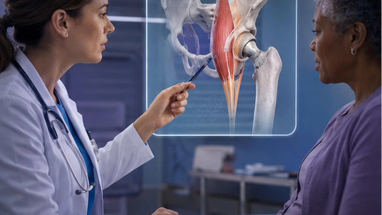 A focused patient-education workflow scene shows a clinician isolating one anatomy region before asking the patient to teach it back.