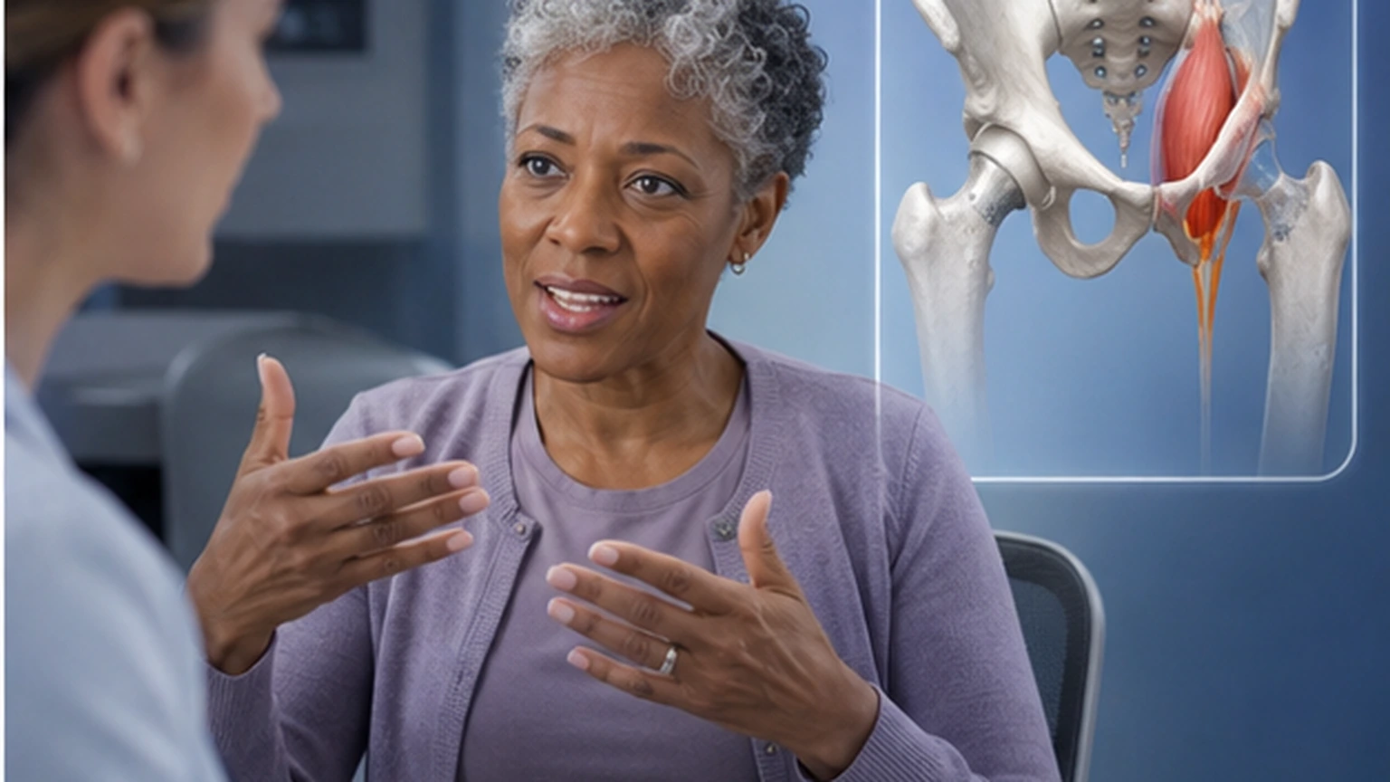 A calm outcome scene shows a patient confidently explaining the condition back after seeing one focused anatomy view.
