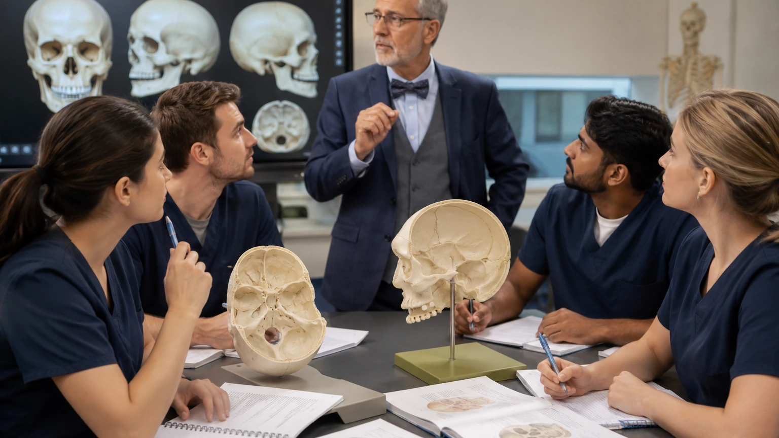 An anatomy professor pauses a lesson beside a large 3D cranial-base model while students compare notes and unlabeled structures on tablets