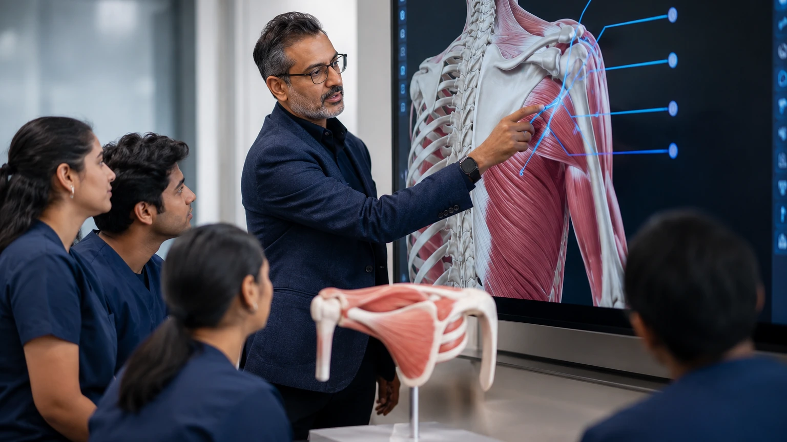 A faculty member adjusts professor-authored labels on a shared classroom display while a 3D shoulder model rotates for students in the front row