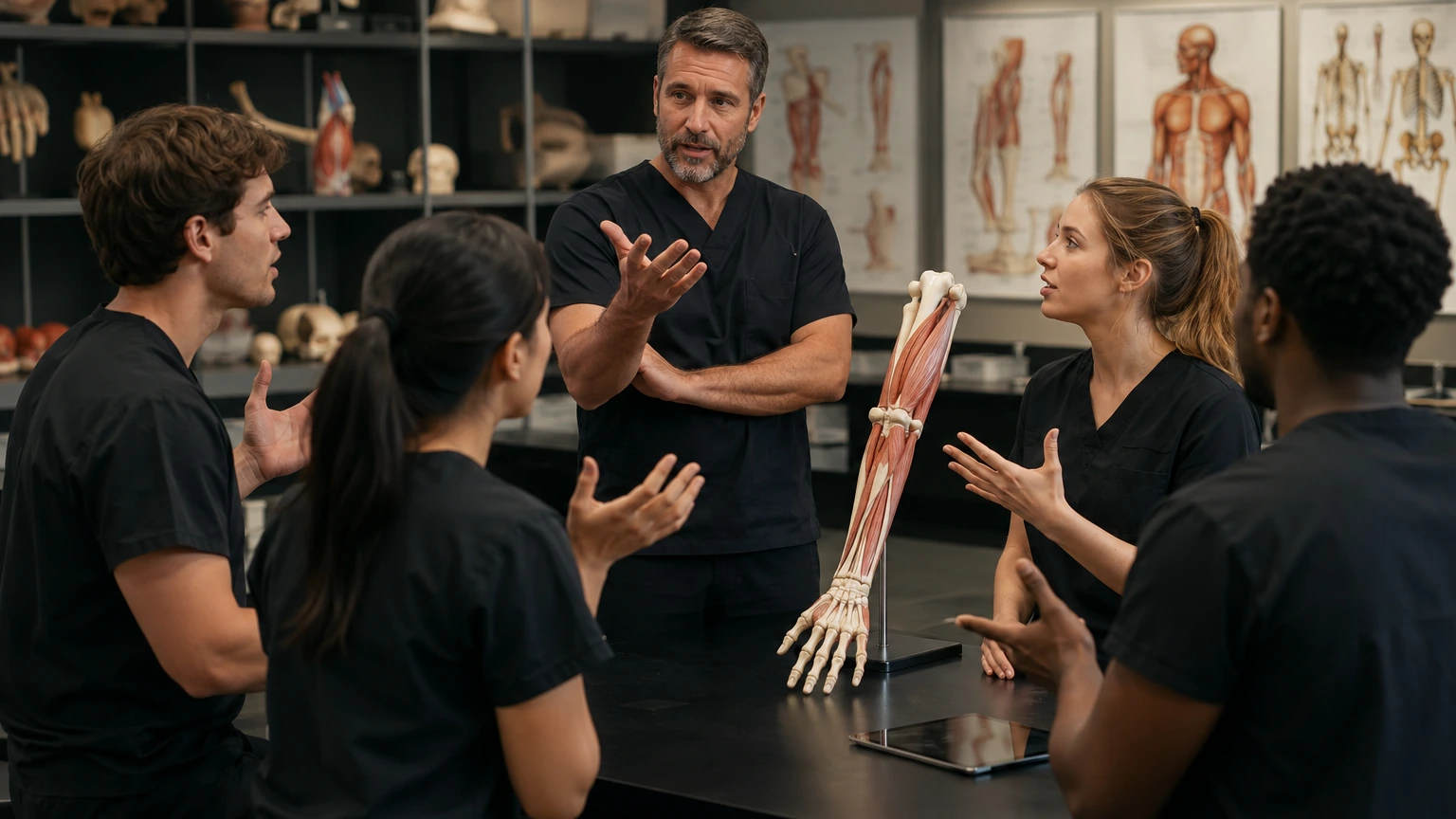 A small-group lab closes with students verbally reconstructing a layered forearm pathway from memory while the professor keeps only one final reference model visible