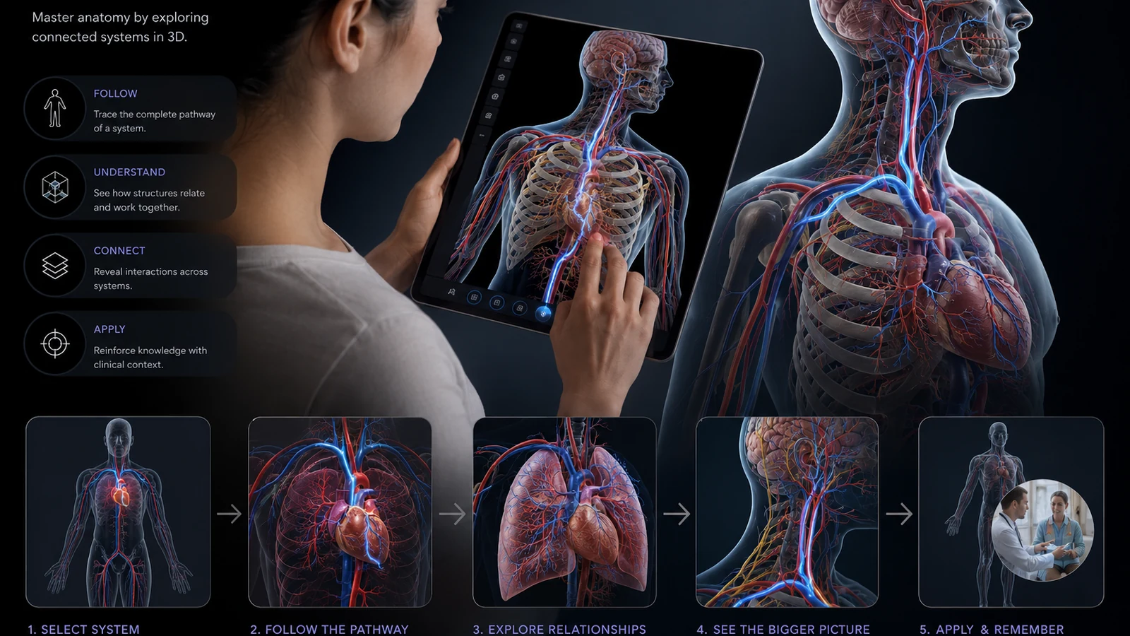Workflow visual for MeduTechs Mobile Anatomy App and Body Systems Mastery.
