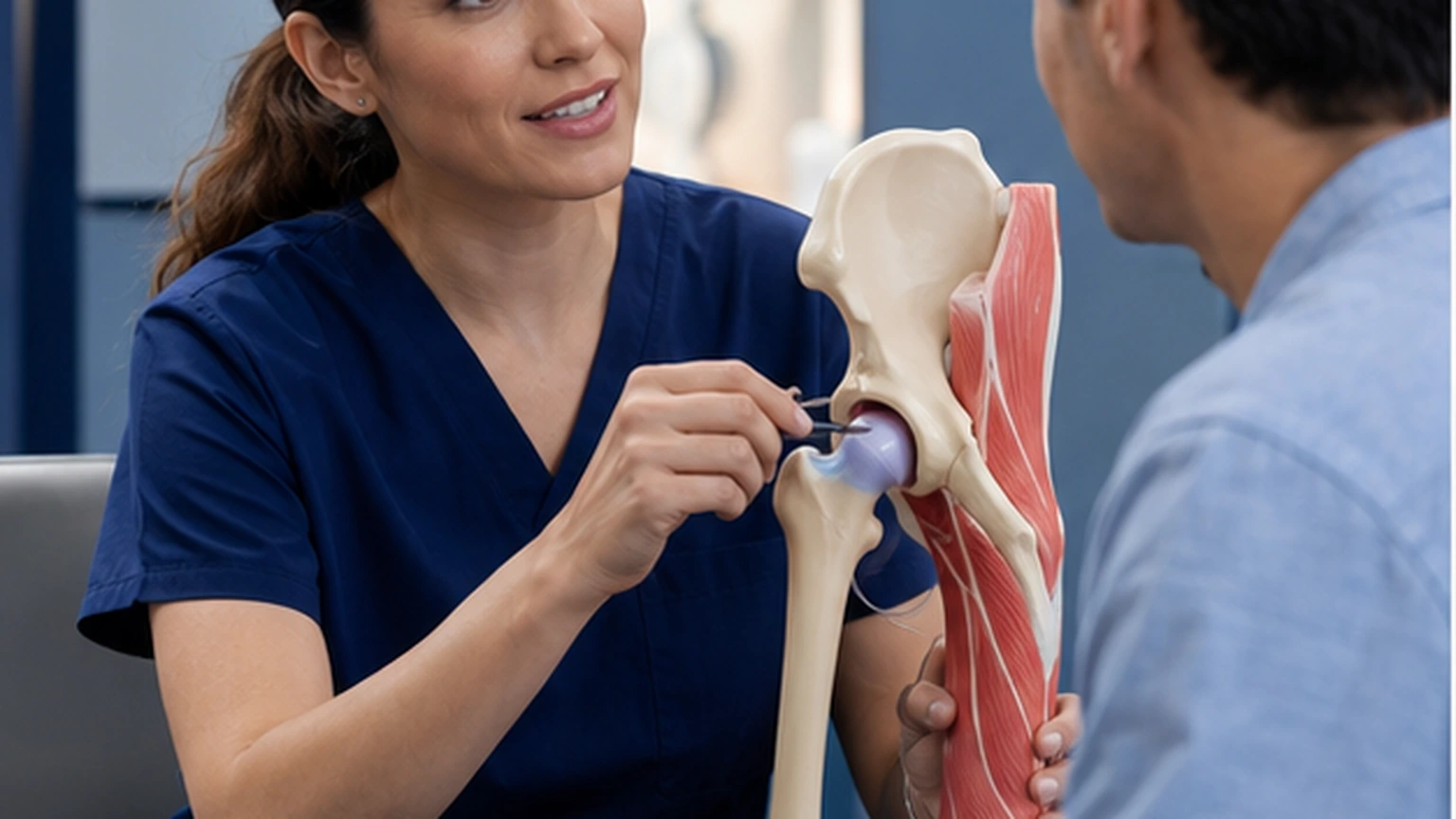 A focused doctor-patient workflow scene shows one clean anatomy view being used to support the explanation before teach-back begins.