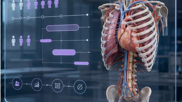 A planning wall with cohort and timeline markers stands beside a 3D anatomy thorax model in a medical school office.
