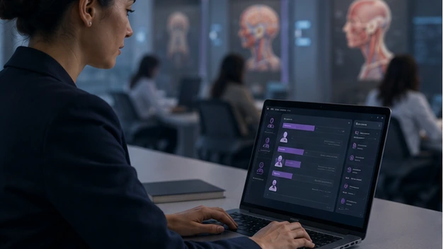 An operations lead manages learner groups on a laptop while anatomy-learning stations glow softly in the background.