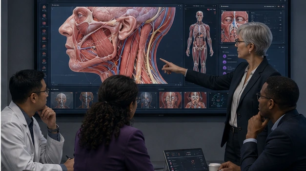 Faculty members review one anatomy module on a large display while four soft phase markers suggest a pilot-to-scale decision flow.
