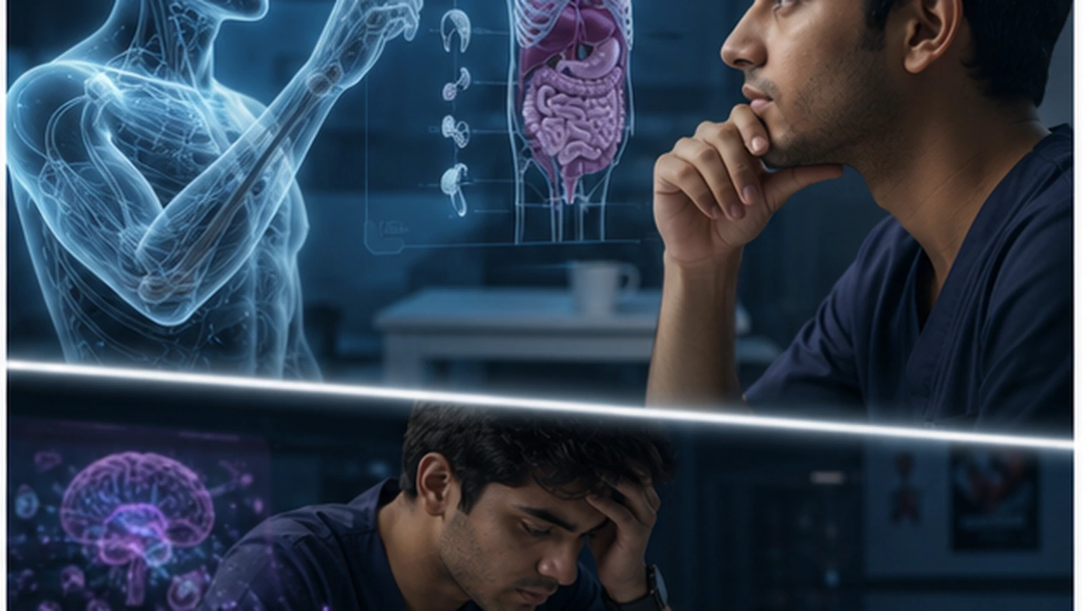 A premium study scene contrasts a calm AI explanation session with a later moment of weak recall and visible frustration.