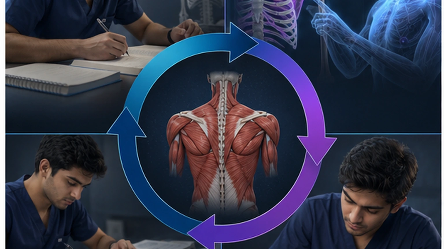A bounded recovery workflow scene shows a medical student doing a recall pass first, then using AI only to repair one anatomy weakness.