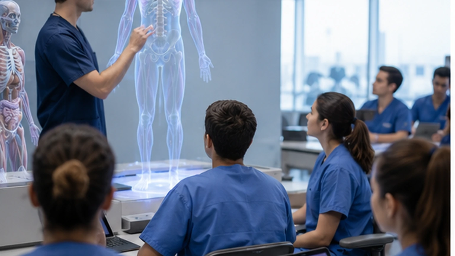 A controlled anatomy rollout scene shows faculty and administrators aligning one cohort, one objective, and one workflow.