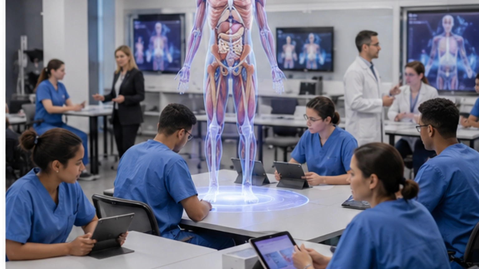A final program-design scene shows a calm medical-school rollout plan with governed cohorts and anatomy-focused learning pathways.